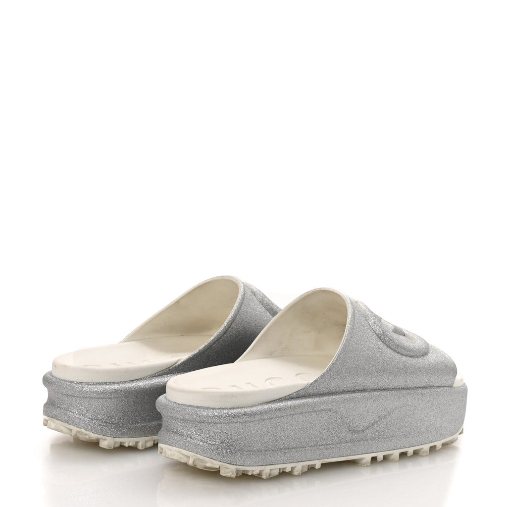 Gucci Glitter Rubber Womens Interlocking G Platform 42mm Slide Sandals 40 Silver