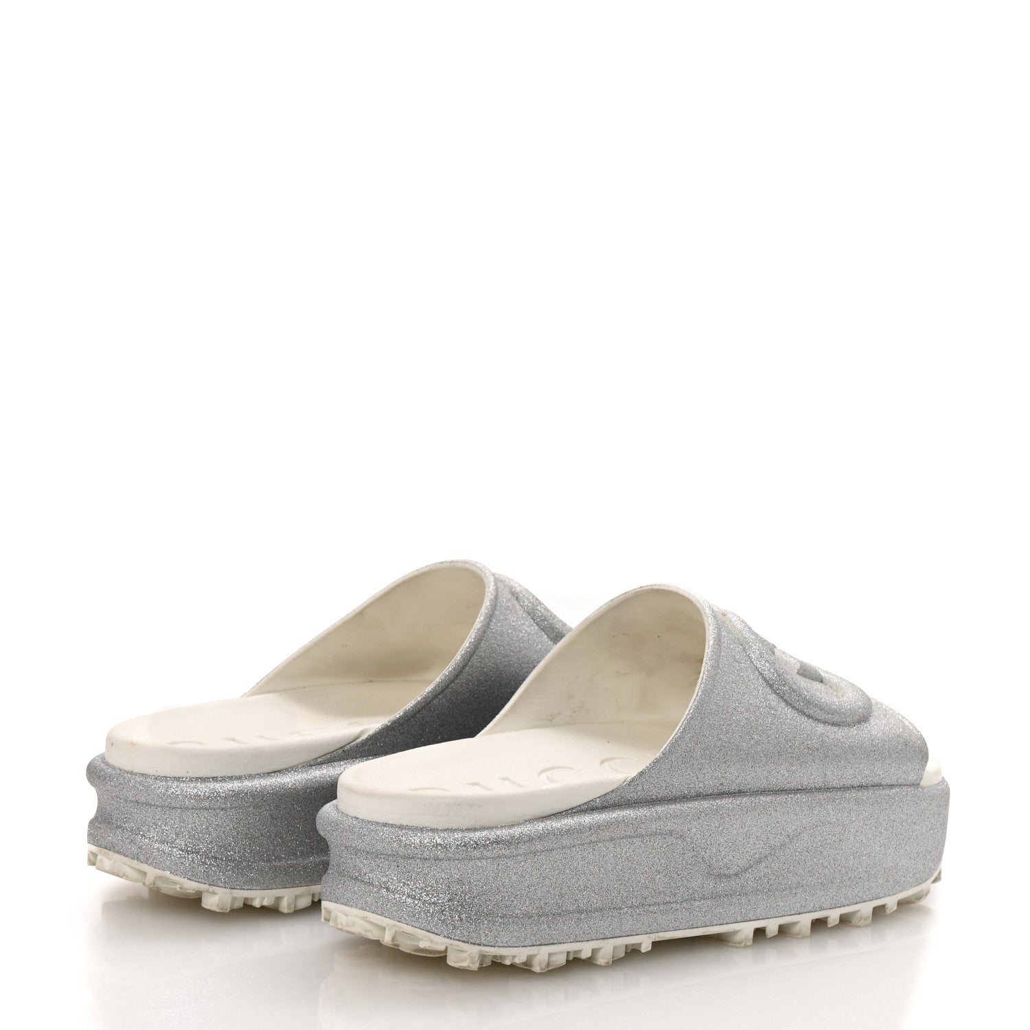 Gucci Glitter Rubber Womens Interlocking G Platform 42mm Slide Sandals 40 Silver