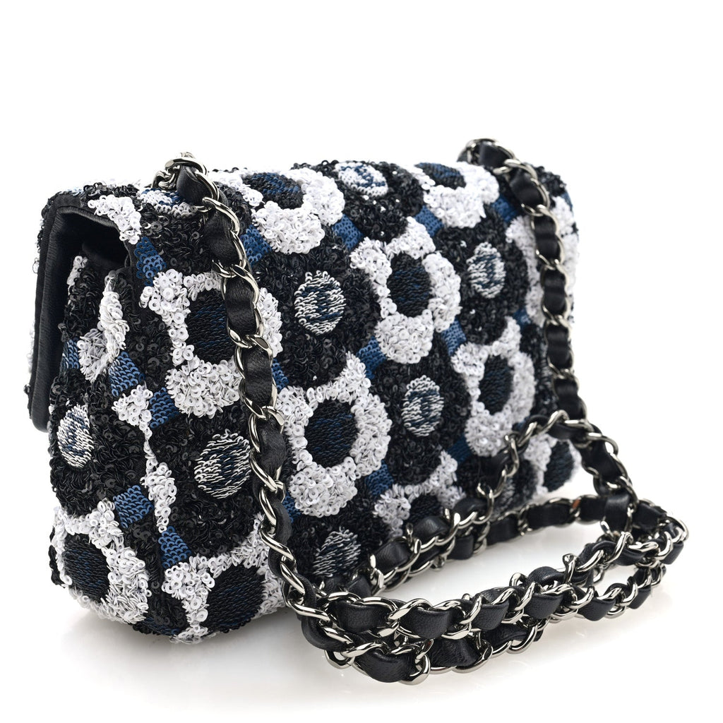 Chanel Satin Sequin Embellished Flower Mini Rectangular Flap Black White Blue