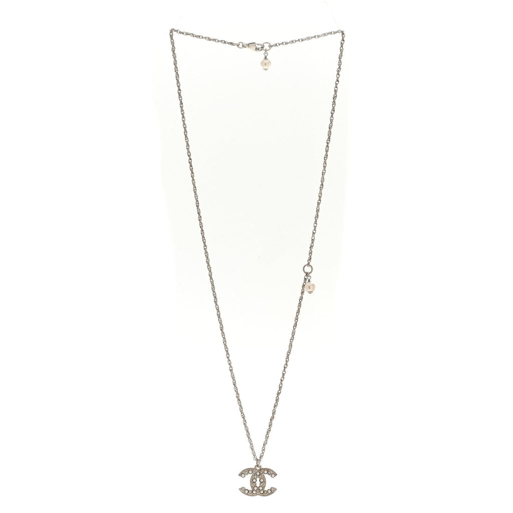 Crystal Pearl CC Pendant Necklace Silver
