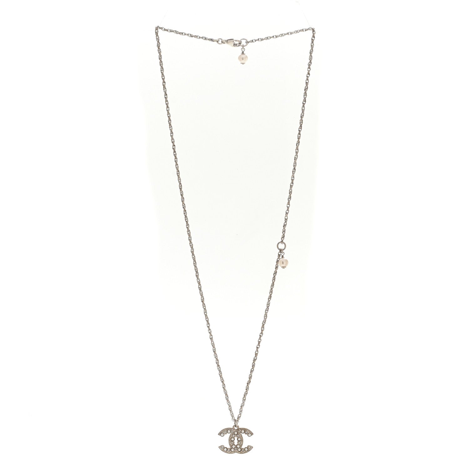 Crystal Pearl CC Pendant Necklace Silver