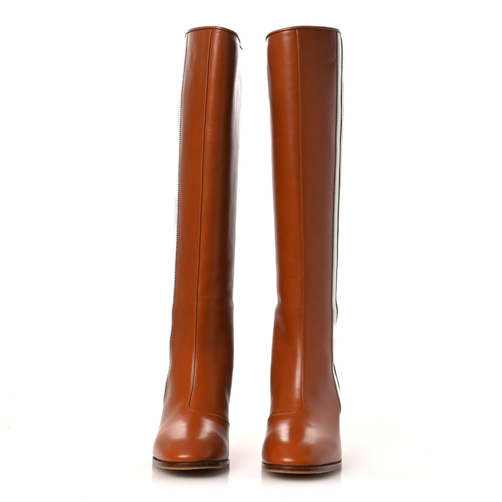 Gucci X ADIDAS Calfskin Elizabeth Knee Boots 38.5 Royal Cognac Great White