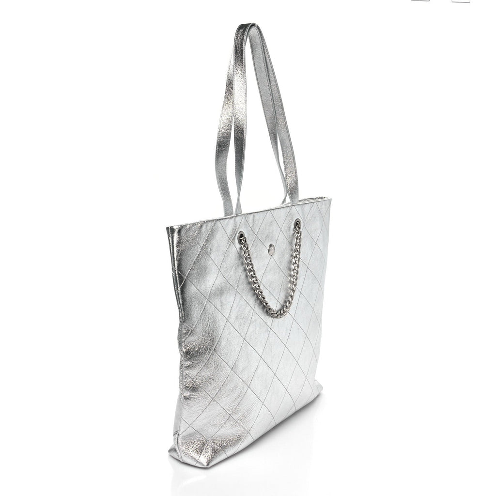 Chanel Metallic Calfskin Stitched CC Shopper Tote Silvery