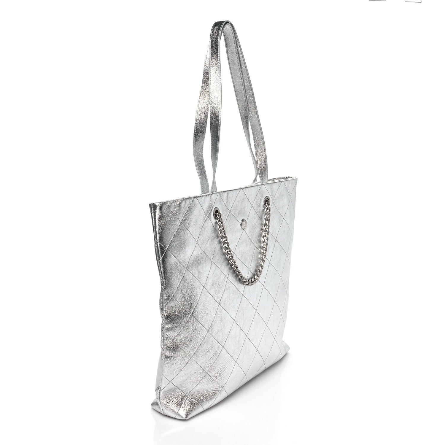 Chanel Metallic Calfskin Stitched CC Shopper Tote Silvery