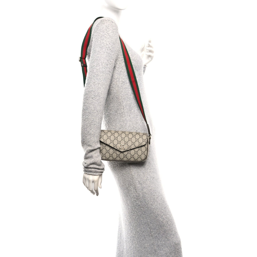 Gucci GG Supreme Monogram Textured Dollar Calfskin Web Mini Ophidia Envelope Shoulder Bag Beige Ebony New Acero