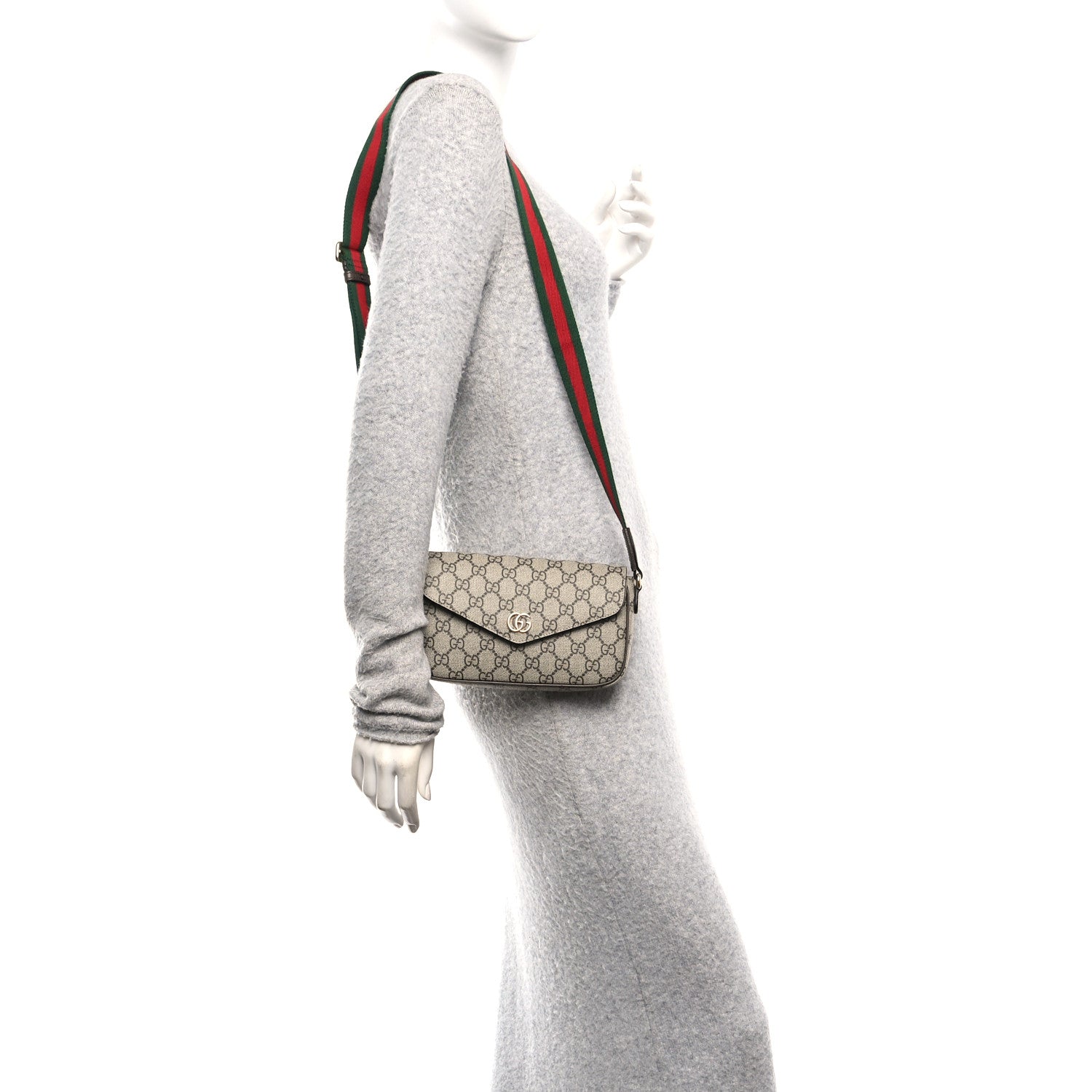 Gucci GG Supreme Monogram Textured Dollar Calfskin Web Mini Ophidia Envelope Shoulder Bag Beige Ebony New Acero
