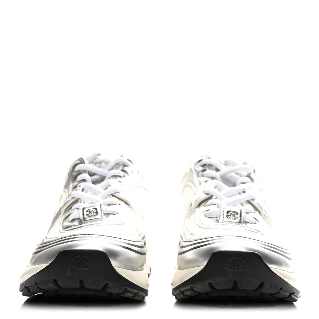 Fabric Laminated Calfskin Stretch CC Sneakers 36 White Silver