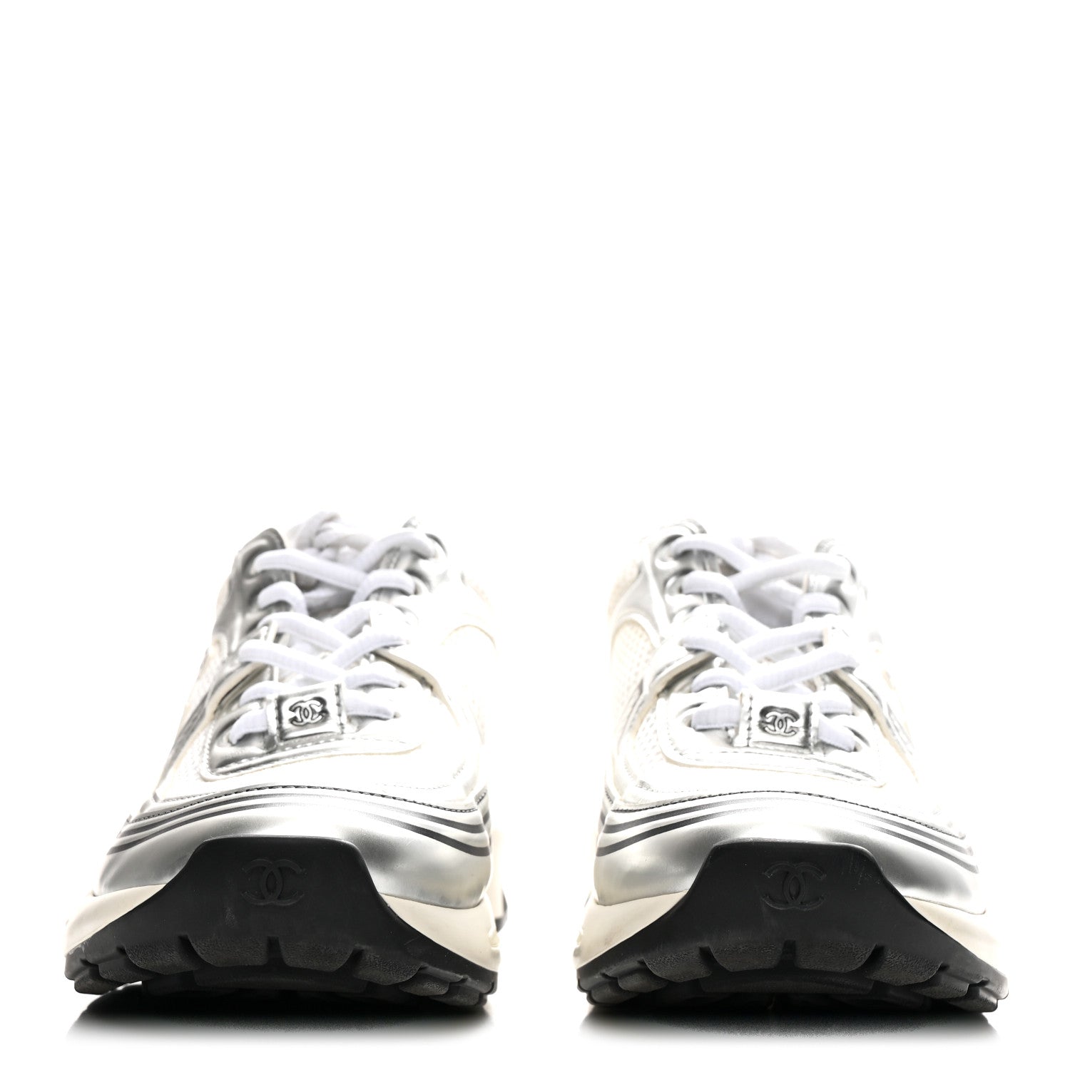Fabric Laminated Calfskin Stretch CC Sneakers 36 White Silver