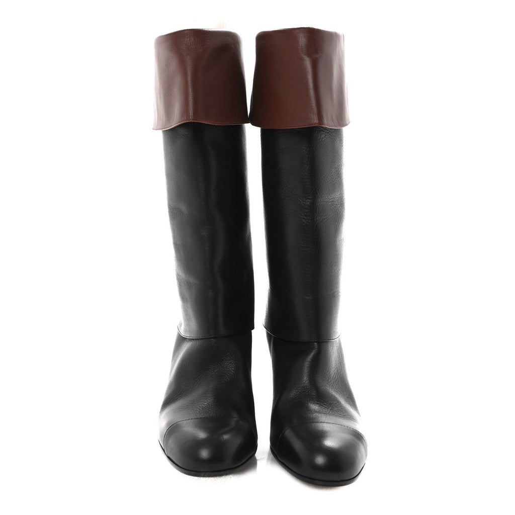Calfskin CC Fold Over Boots 38 Black Brown