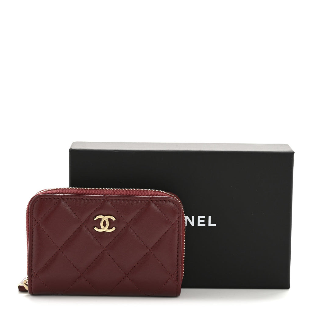 Lambskin Quilted Zip Around Coin Purse Wallet Burgundy