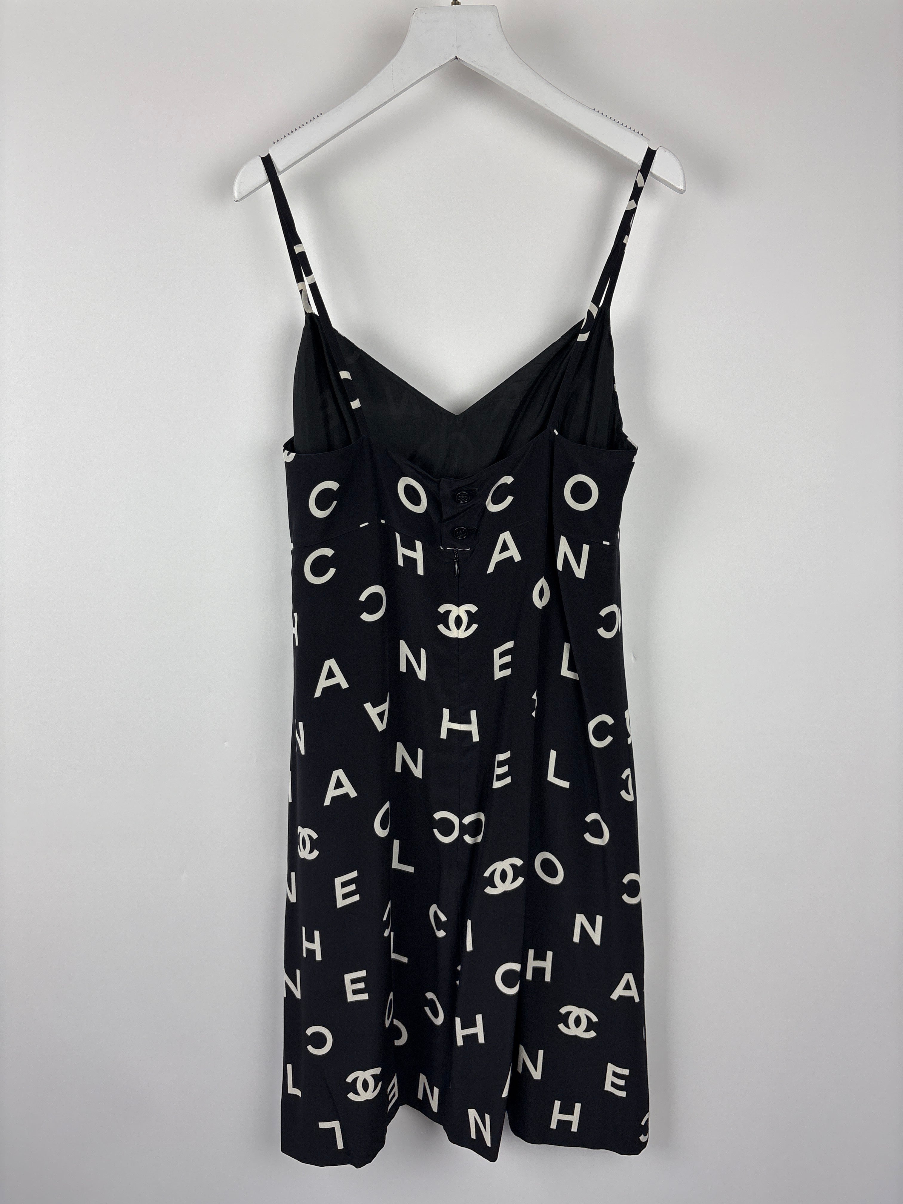 Chanel Vintage Runway 97/S Black, White CC Logo Slip Dress and Jacket Set with CC Chanel Button Size FR 42 (UK 14)