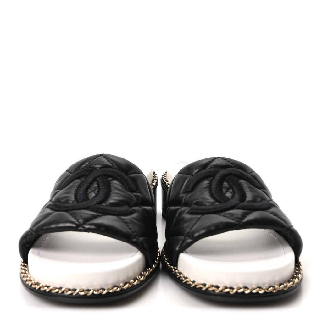Lambskin Quilted CC Chain Mules 35 Black White