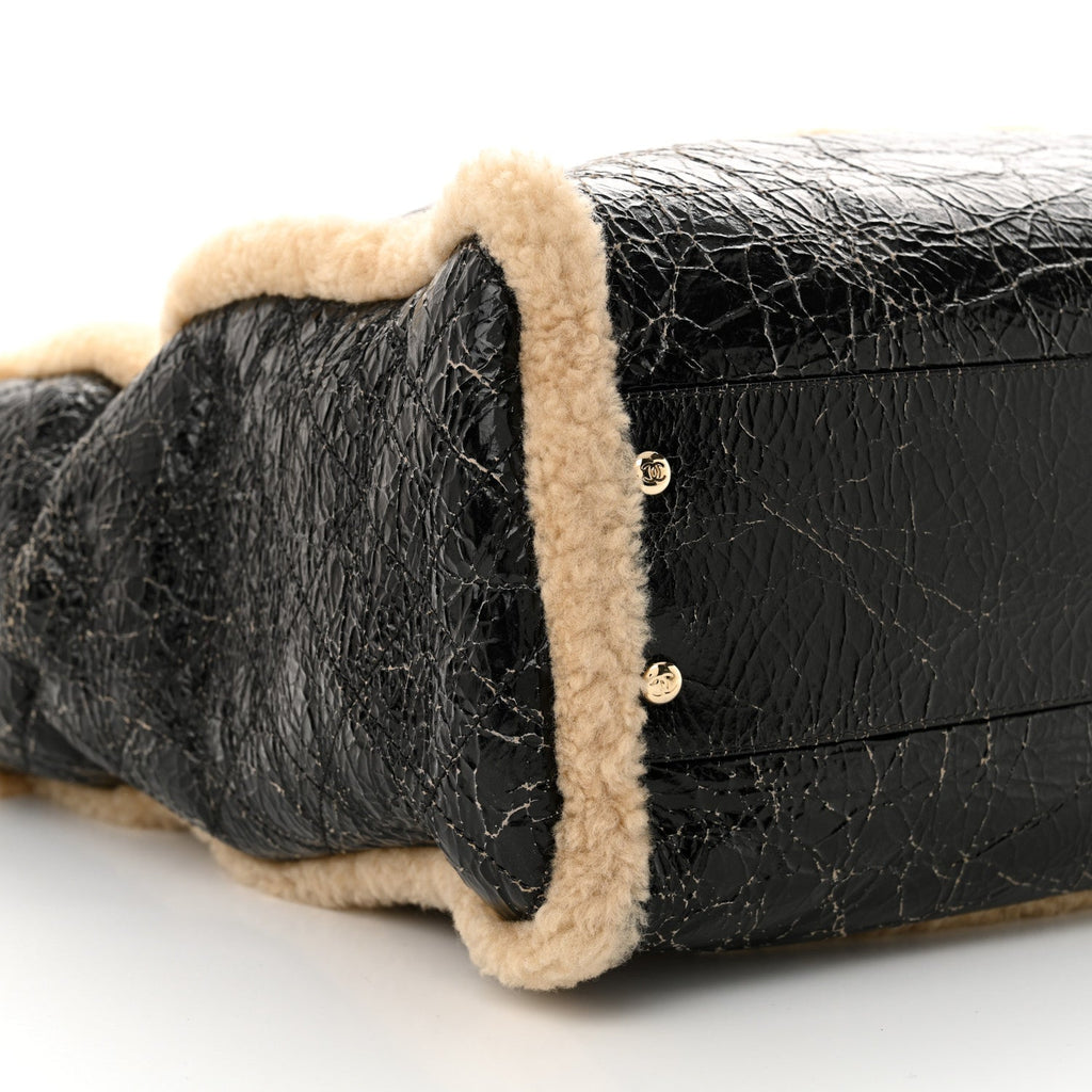 Chanel Shiny Crumpled Sheepskin Shearling CC Mania Tote Bag Black Beige