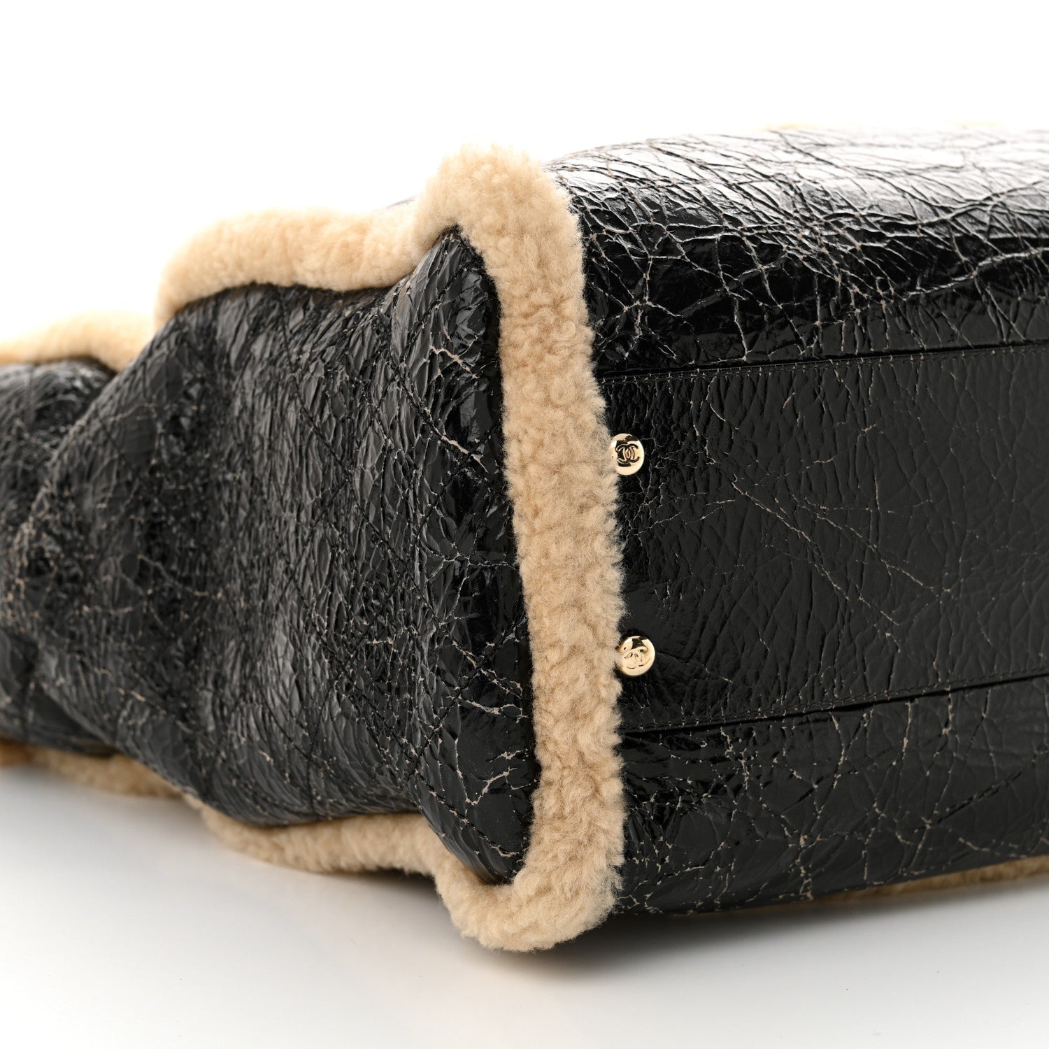 Chanel Shiny Crumpled Sheepskin Shearling CC Mania Tote Bag Black Beige