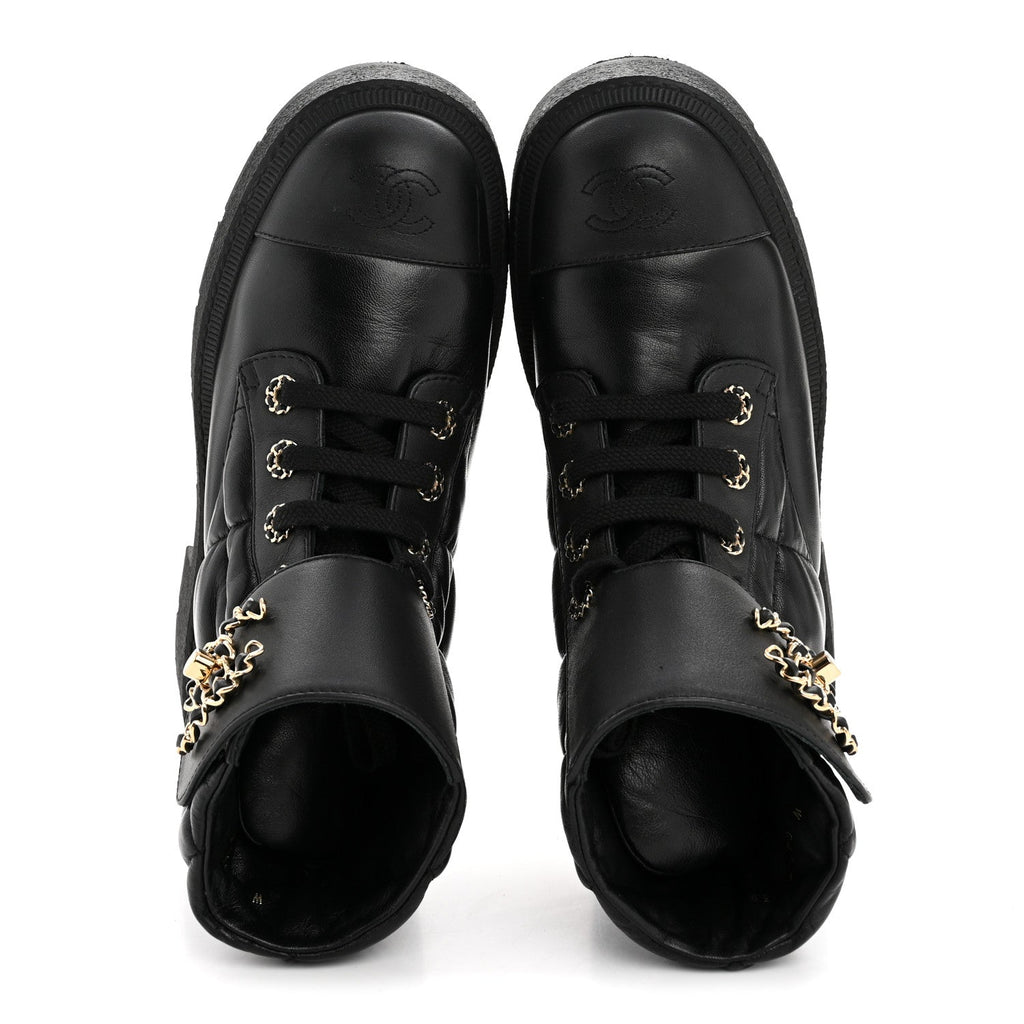 Lambskin Calfskin Quilted Lace Up Combat Boots 38 Black
