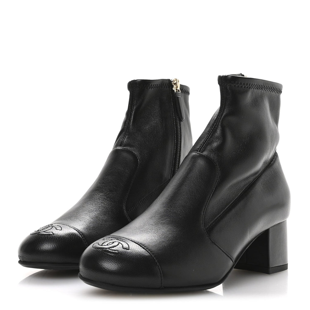 Chanel Stretch Lambskin Cap Toe CC Uniform Short Boots 36.5 Black