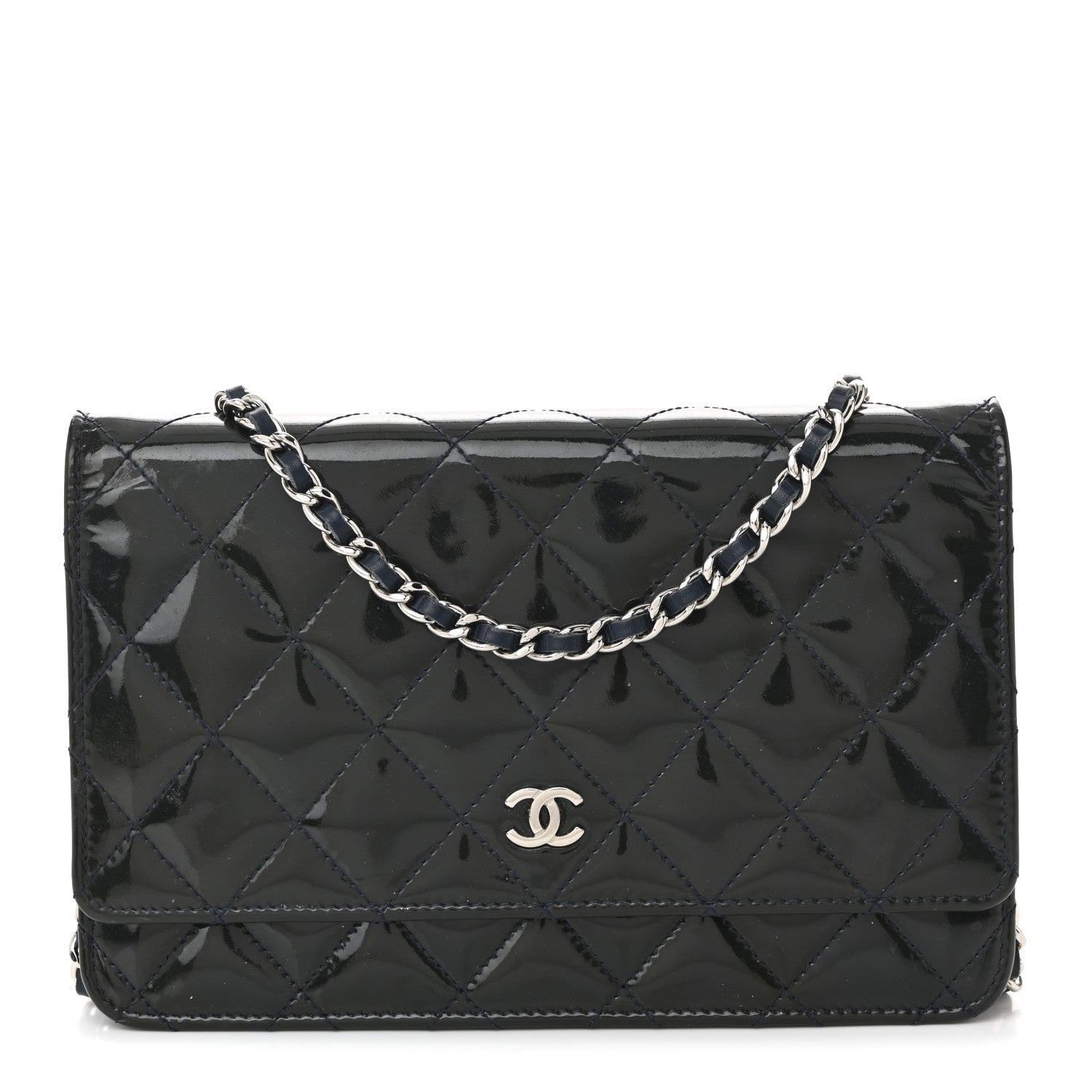 Chanel Patent Quilted Wallet On Chain WOC Navy Blue