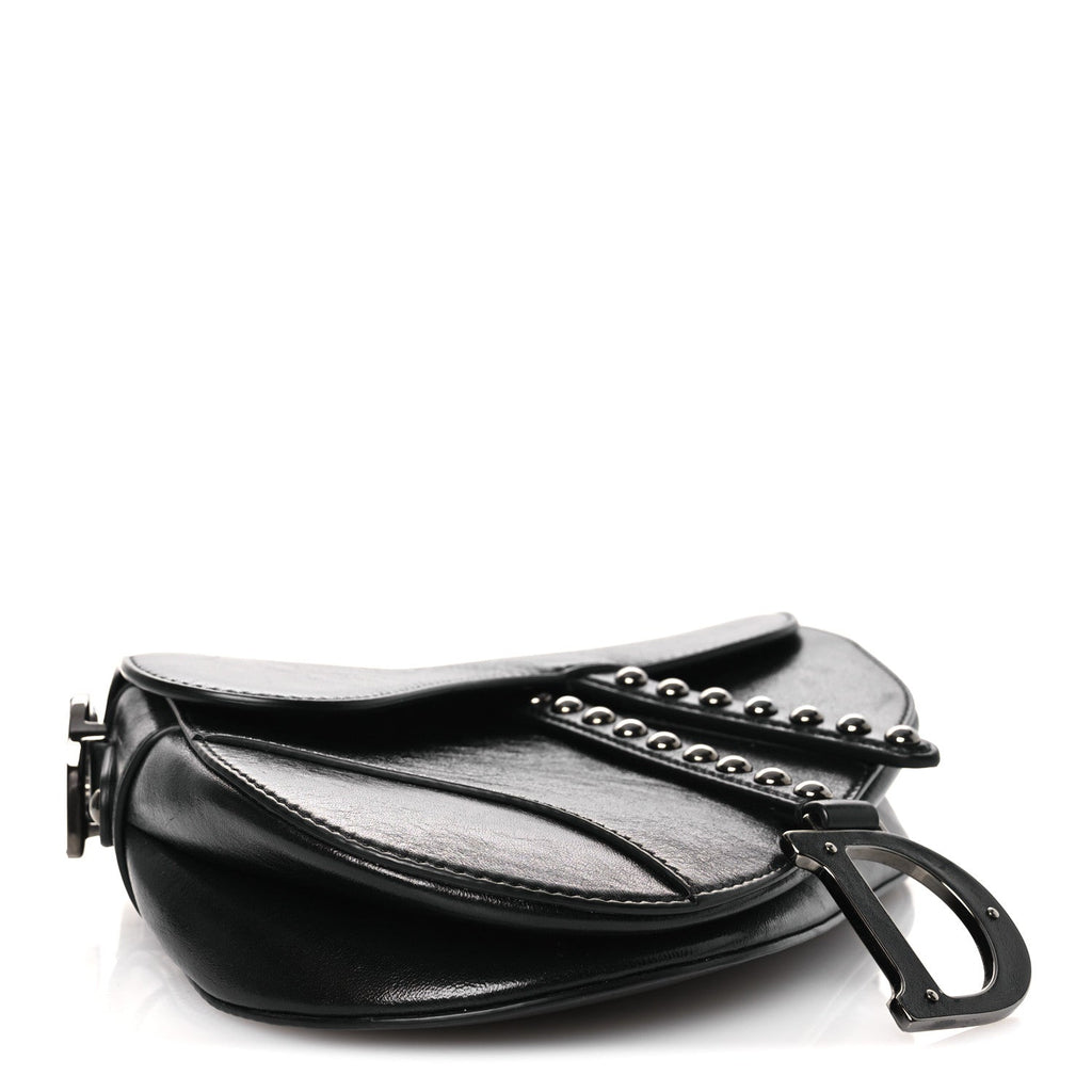 Christian Dior Shiny Crinkled Calfskin Studded Saddle Bag Black