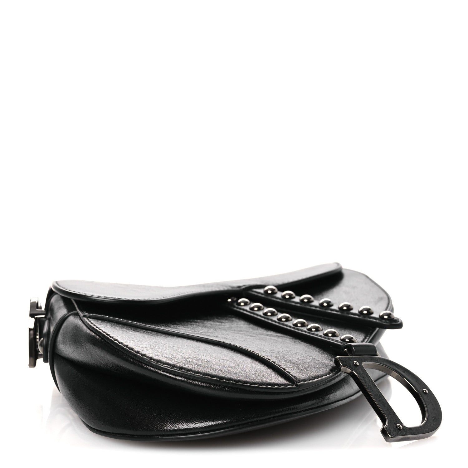 Christian Dior Shiny Crinkled Calfskin Studded Saddle Bag Black