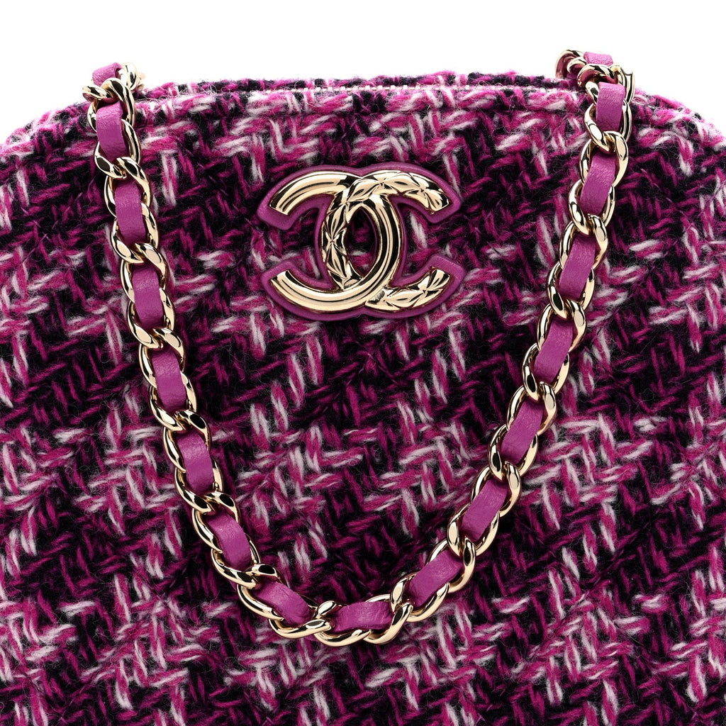 Chanel Tweed Quilted Mini Clutch With Chain Purple
