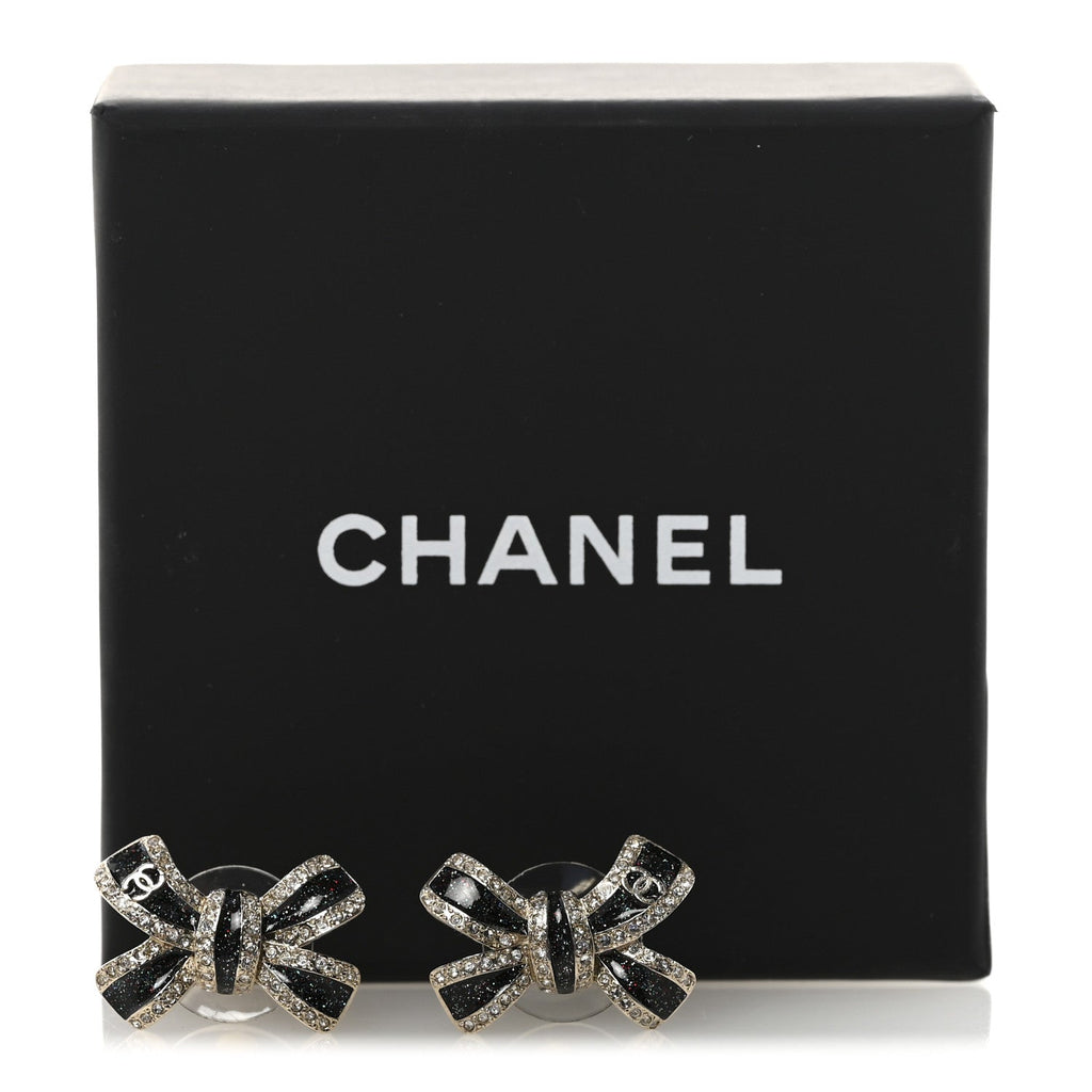 Glitter Enamel Crystal Bow Stud Earrings Black Gold