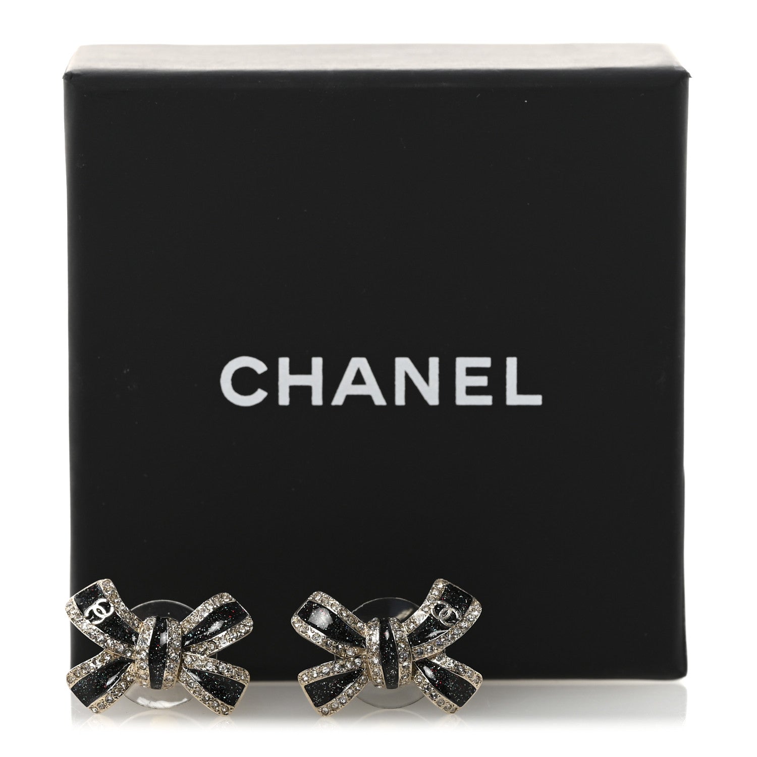 Glitter Enamel Crystal Bow Stud Earrings Black Gold