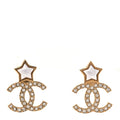 Metal Crystal Pearl CC Star Earrings Gold Pearly White