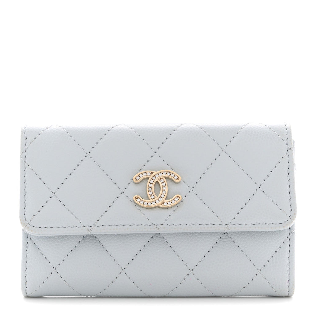 Caviar Quilted Crystal CC Flap Card Holder Light Blue