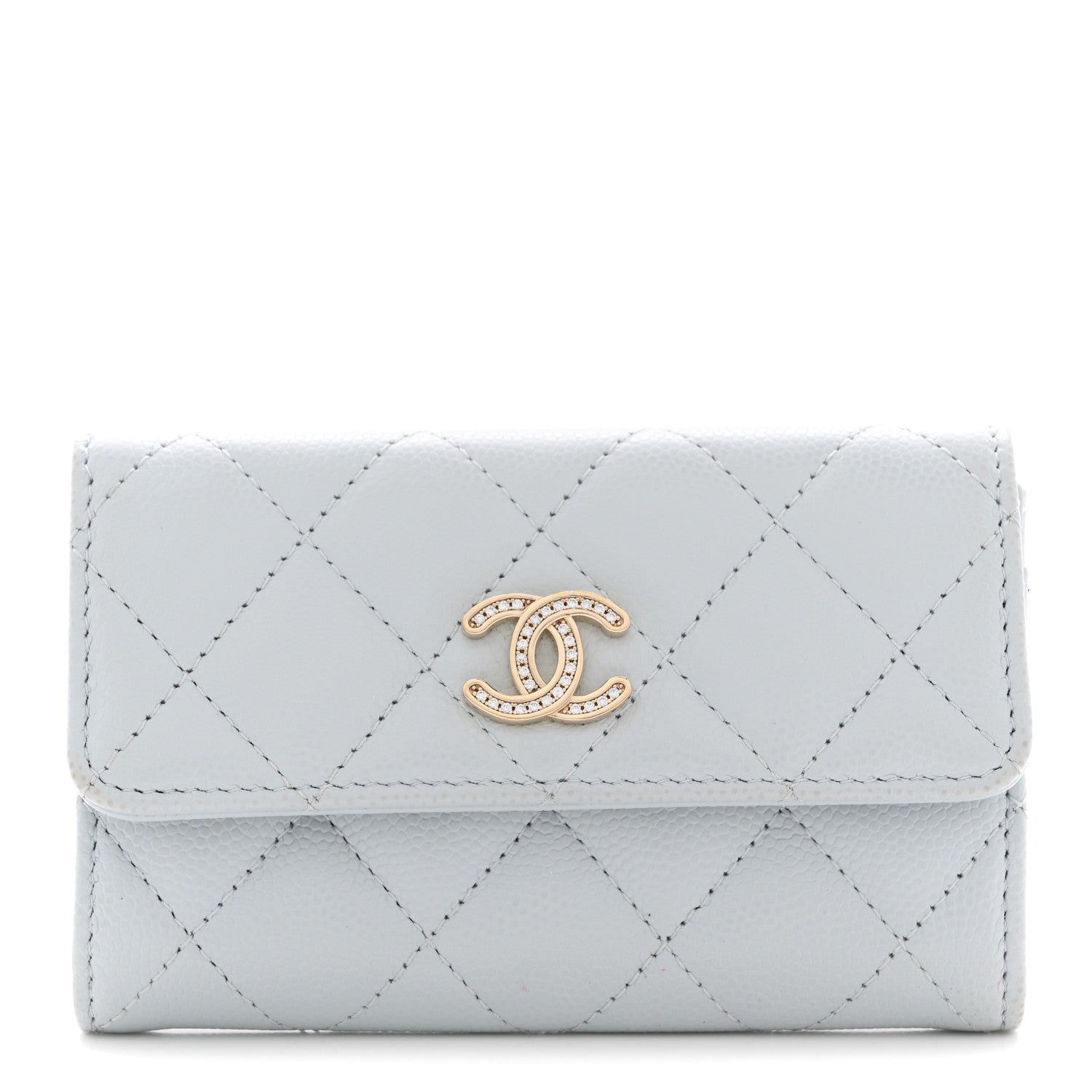 Caviar Quilted Crystal CC Flap Card Holder Light Blue