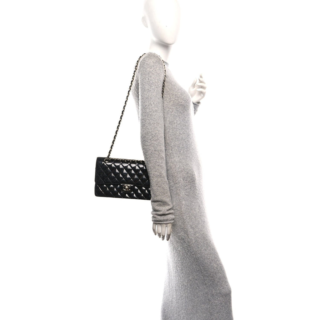 Chanel Patent Quilted Sparkle Glitter Medium Double Flap Black