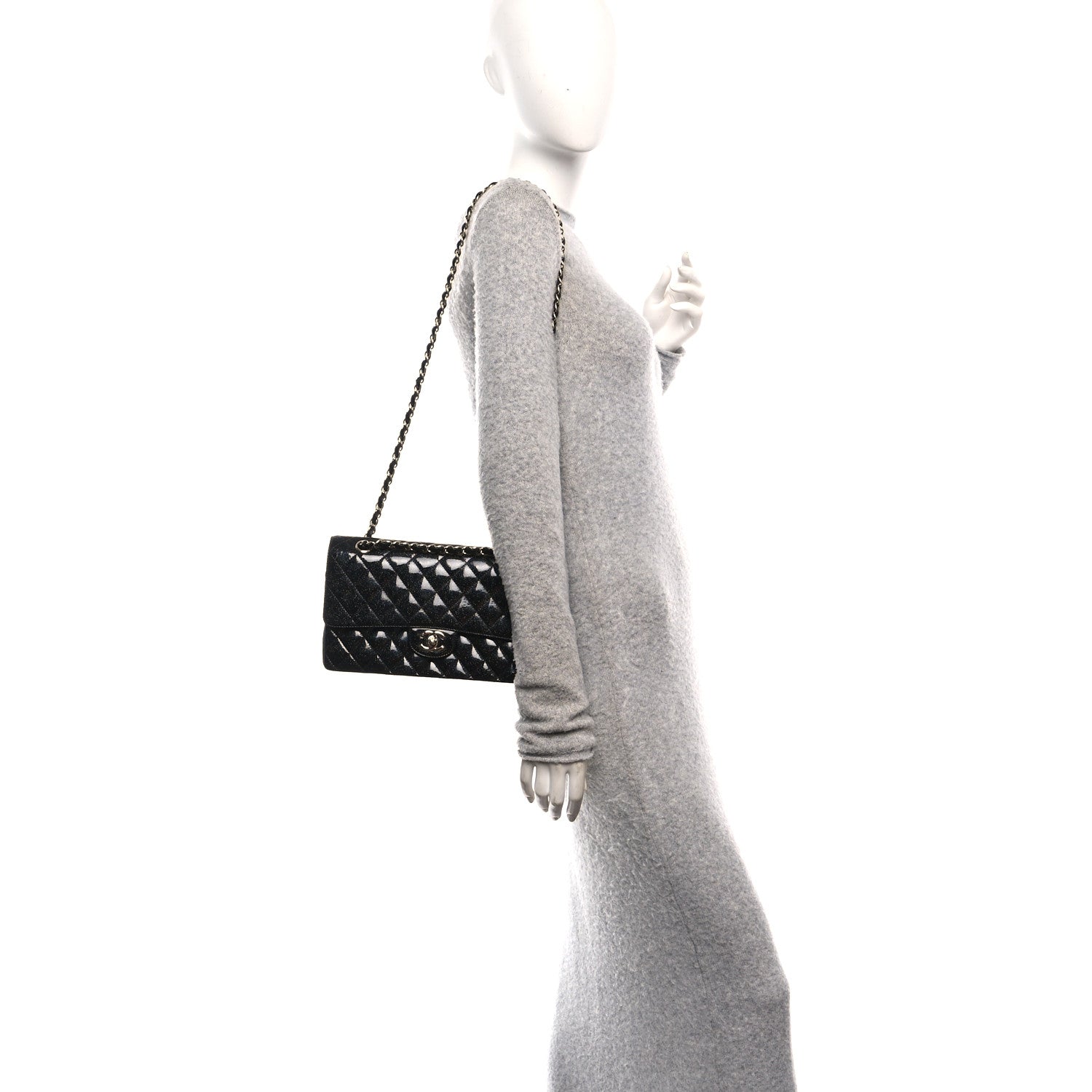 Chanel Patent Quilted Sparkle Glitter Medium Double Flap Black