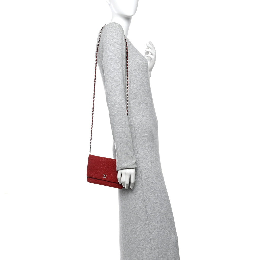 Chanel Lambskin Camellia Embossed Wallet On Chain WOC Red
