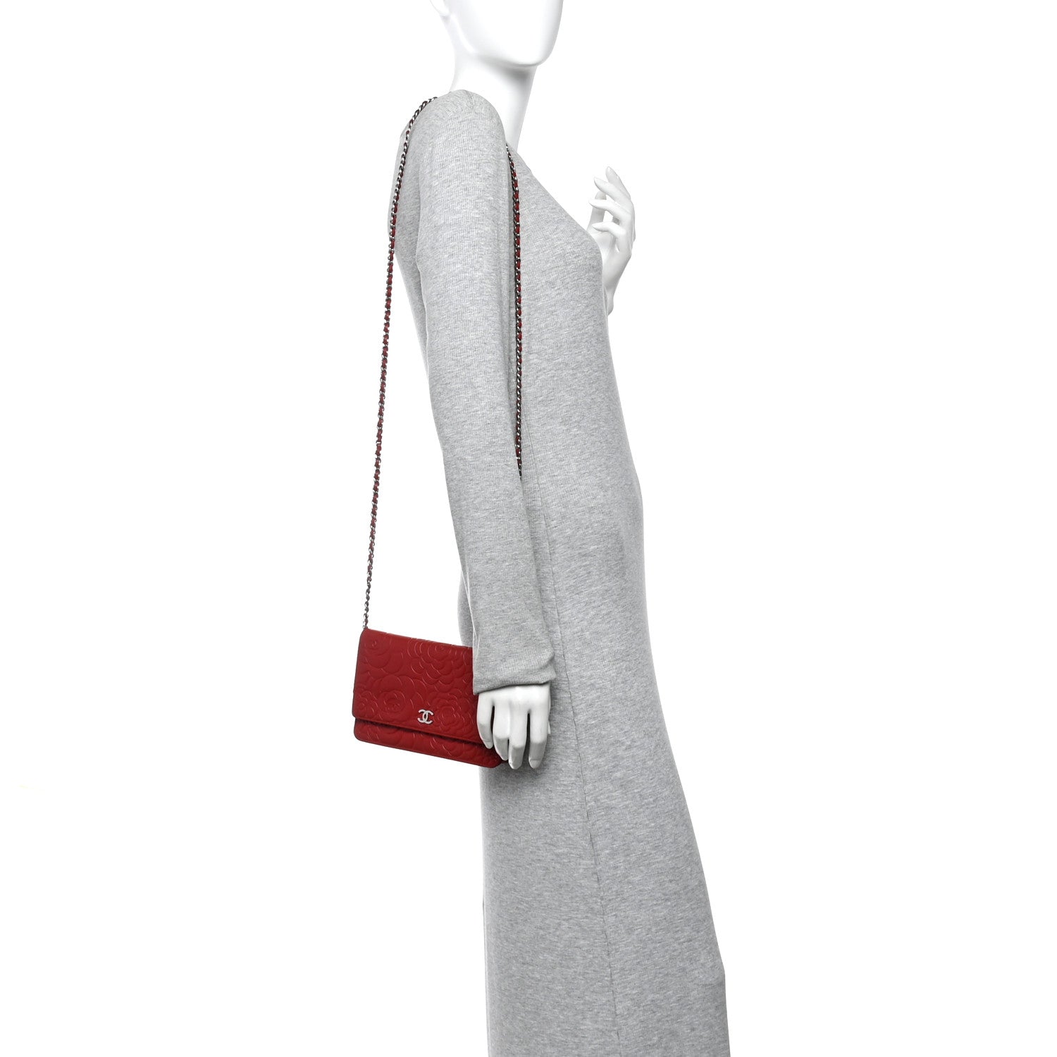 Chanel Lambskin Camellia Embossed Wallet On Chain WOC Red