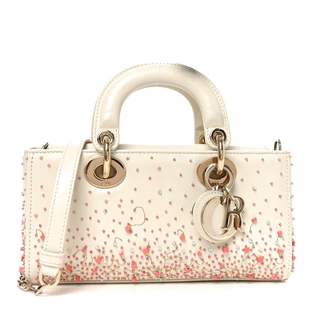 Christian Dior Calfskin Embroidered Small Lady D-Joy White Multicolor