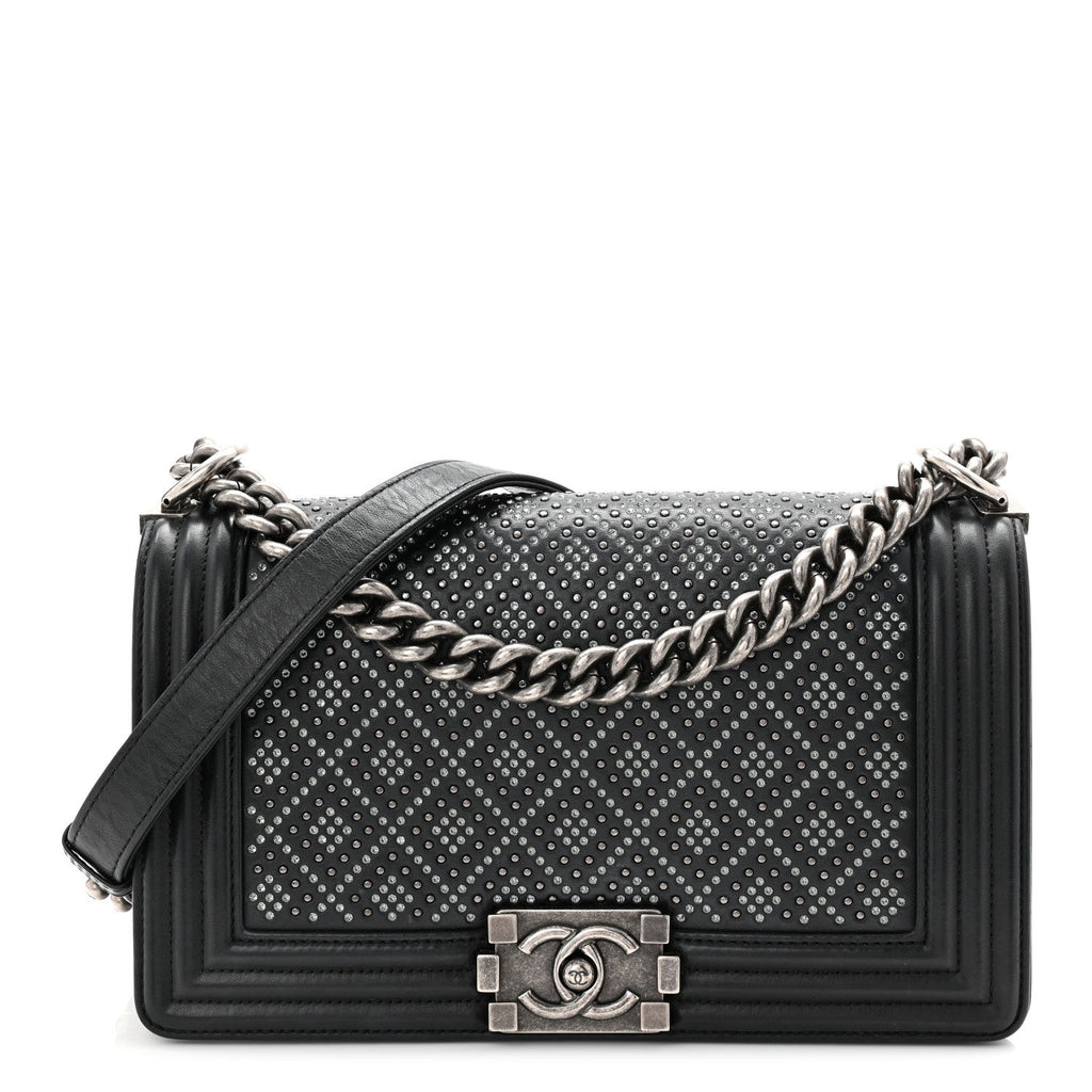 Chanel Calfskin Crystal Studded Quilted Medium Boy Flap  Black