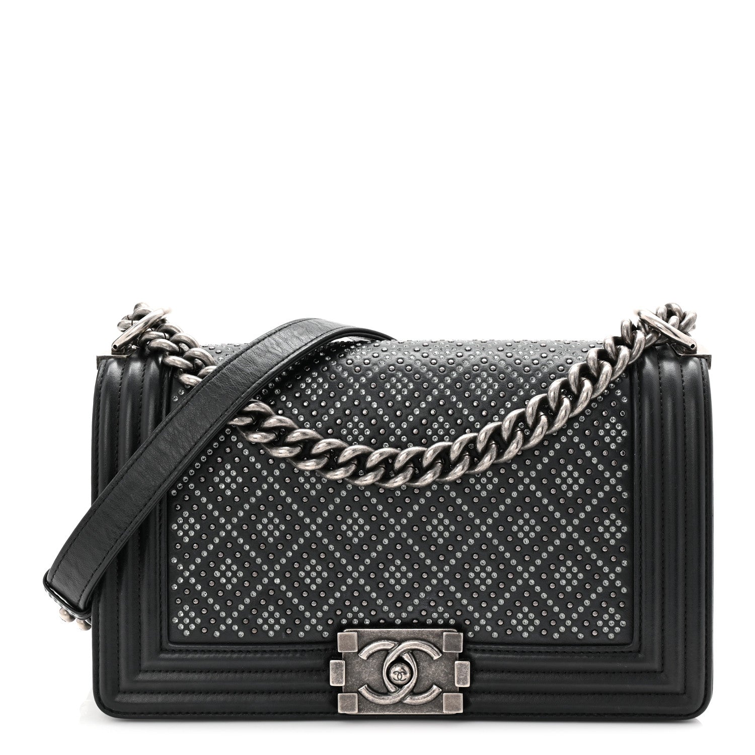 Chanel Calfskin Crystal Studded Quilted Medium Boy Flap  Black