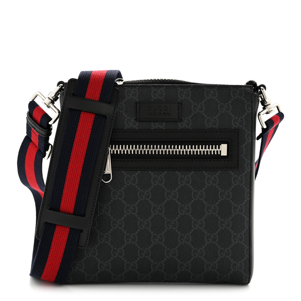 Gucci GG Supreme Monogram Web Small Flat Messenger Bag Black Grey