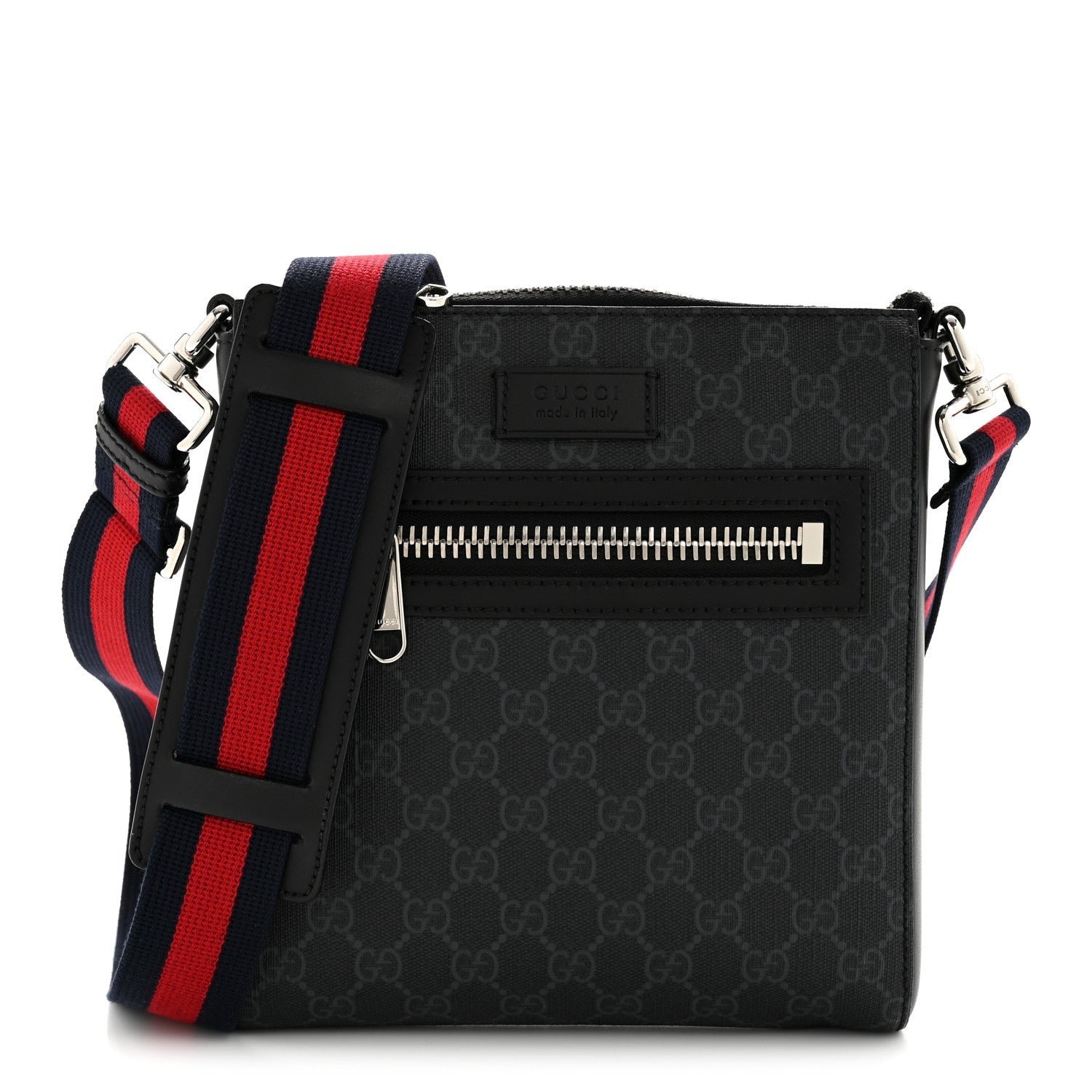 Gucci GG Supreme Monogram Web Small Flat Messenger Bag Black Grey