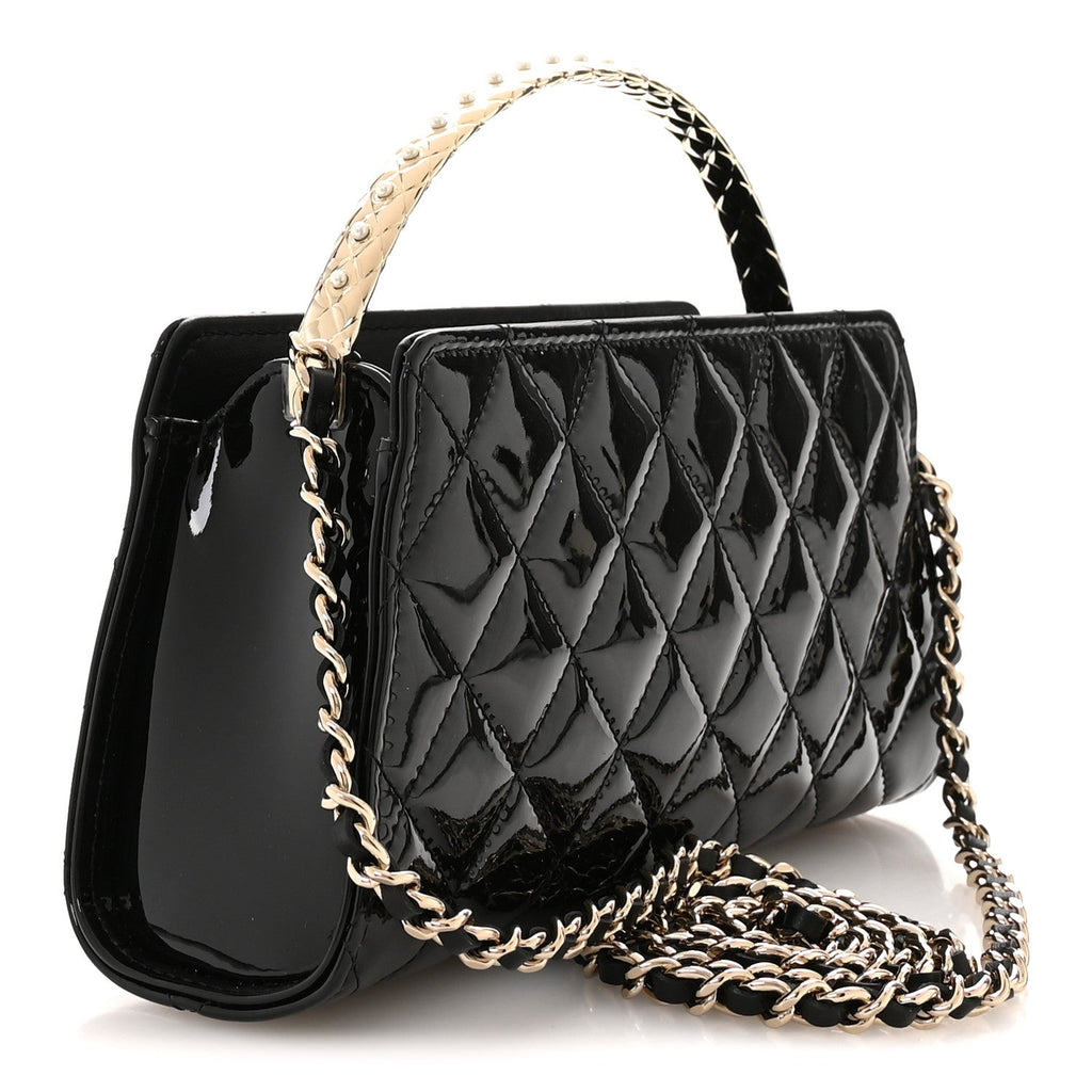 Chanel Patent Calfskin Quilted Pearl Clutch With Chain Black