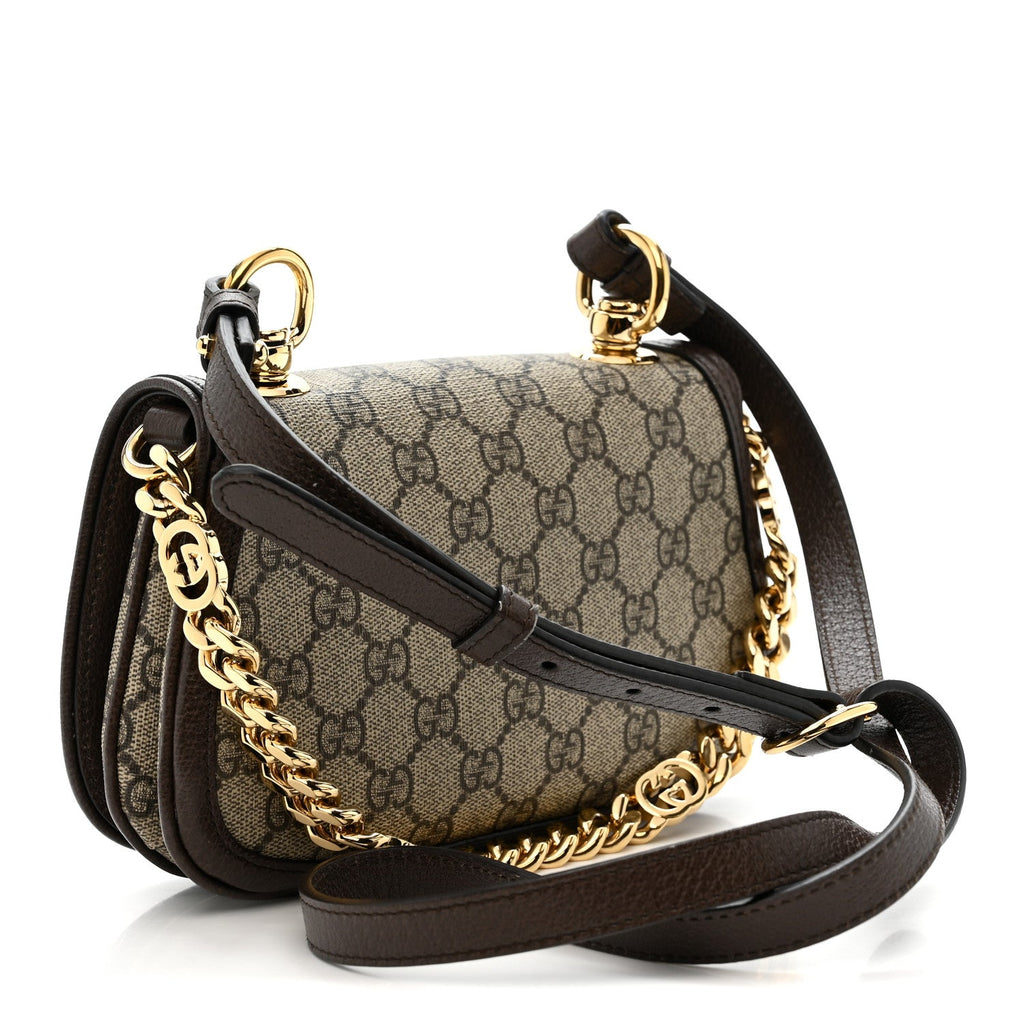 Gucci GG Supreme Monogram Textured Dollar Calfskin Mini Blondie Chain Shoulder Flap Bag Beige Ebony New Acero