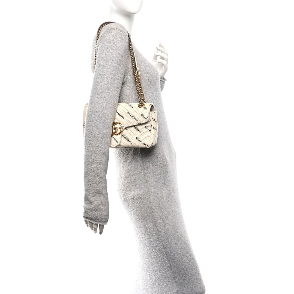 Gucci X BALENCIAGA Calfskin Matelasse Logo Print Small GG Marmont Shoulder Bag White