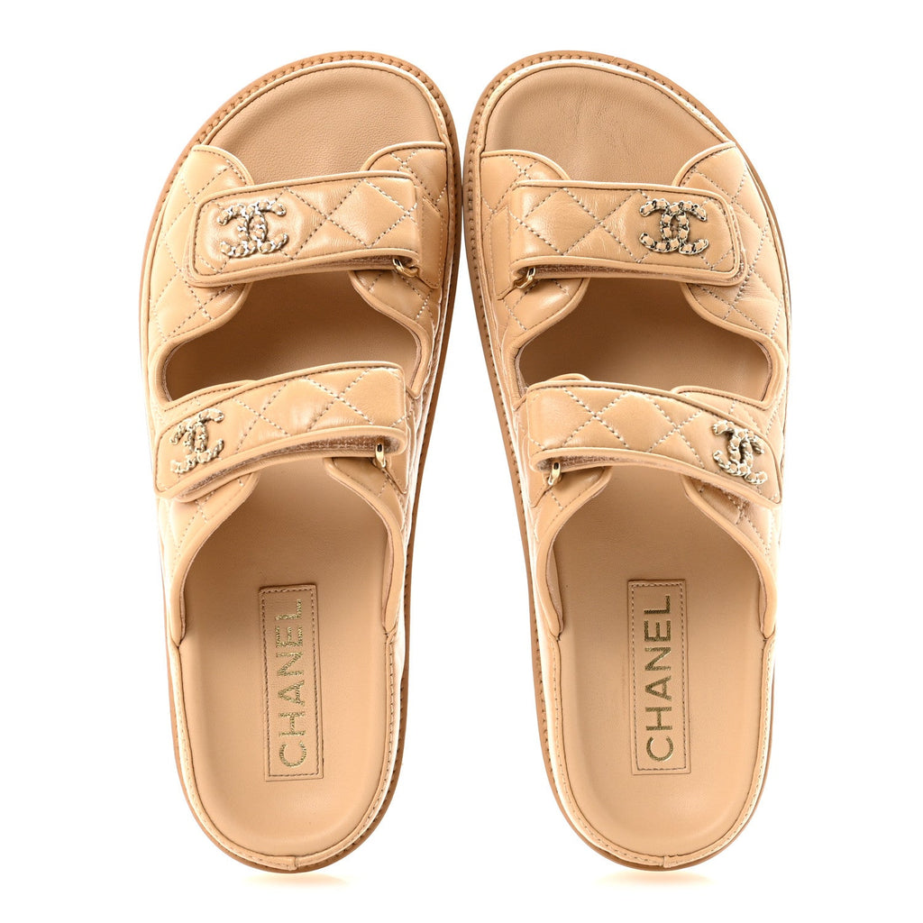 Lambskin Quilted Velcro Dad Chain CC Slide Sandals 39.5 Beige