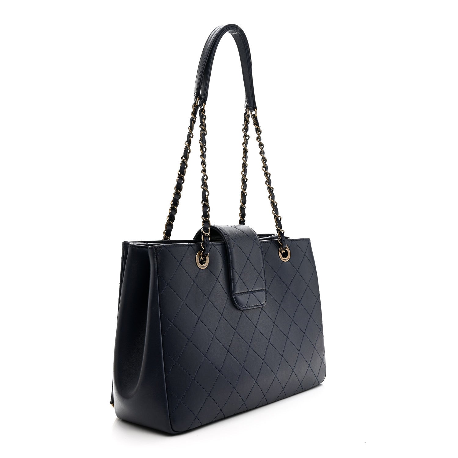 Chanel Lambskin Stitched Medium Around The Corner Shopping Tote Deep Marine