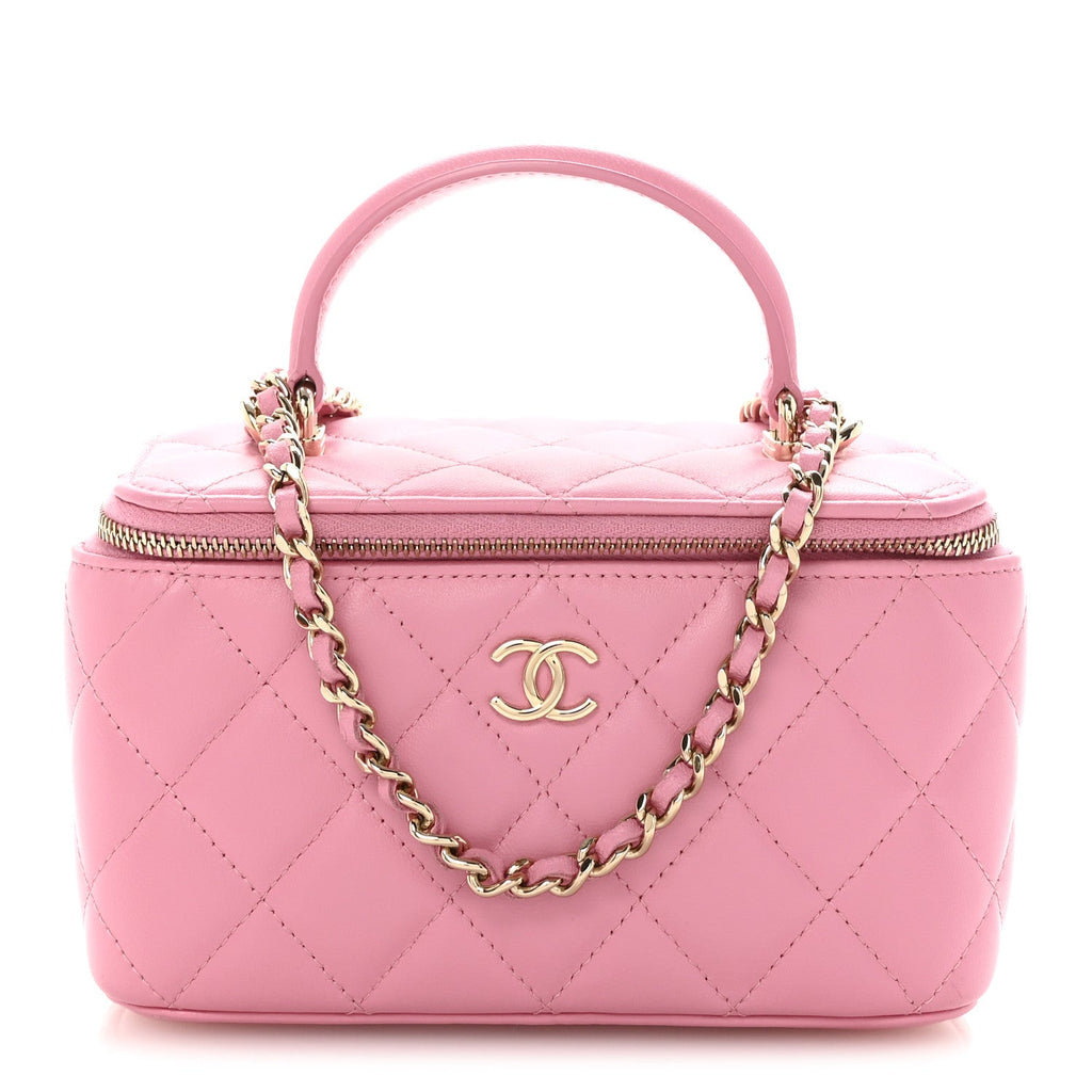 Chanel Lambskin Quilted Small Top Handle Vanity Case With Chain Pink