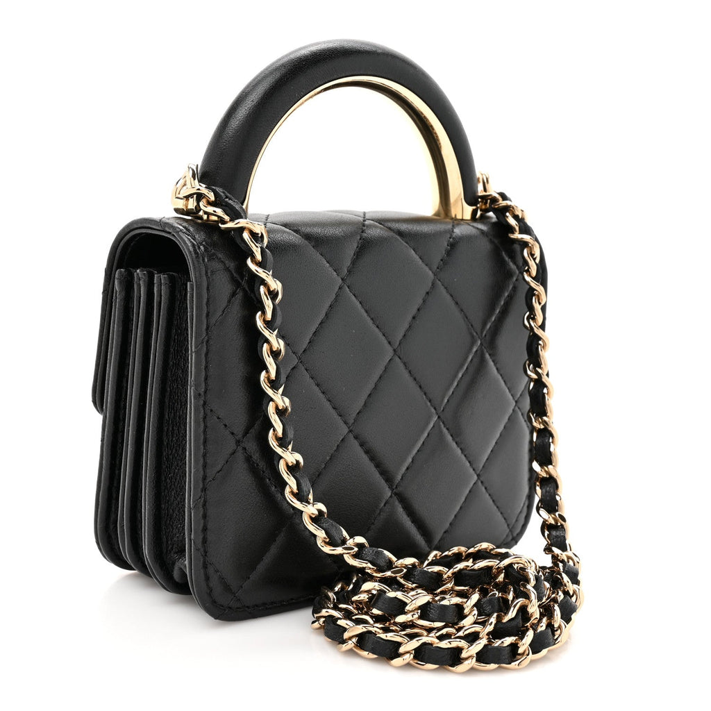 Chanel Lambskin Quilted Top Handle Flap Clutch With Chain Black