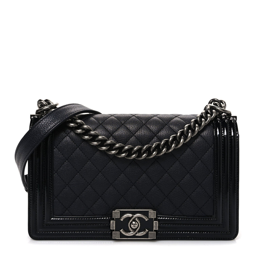Chanel Goatskin Quilted Patent Medium Duo Boy Flap Black