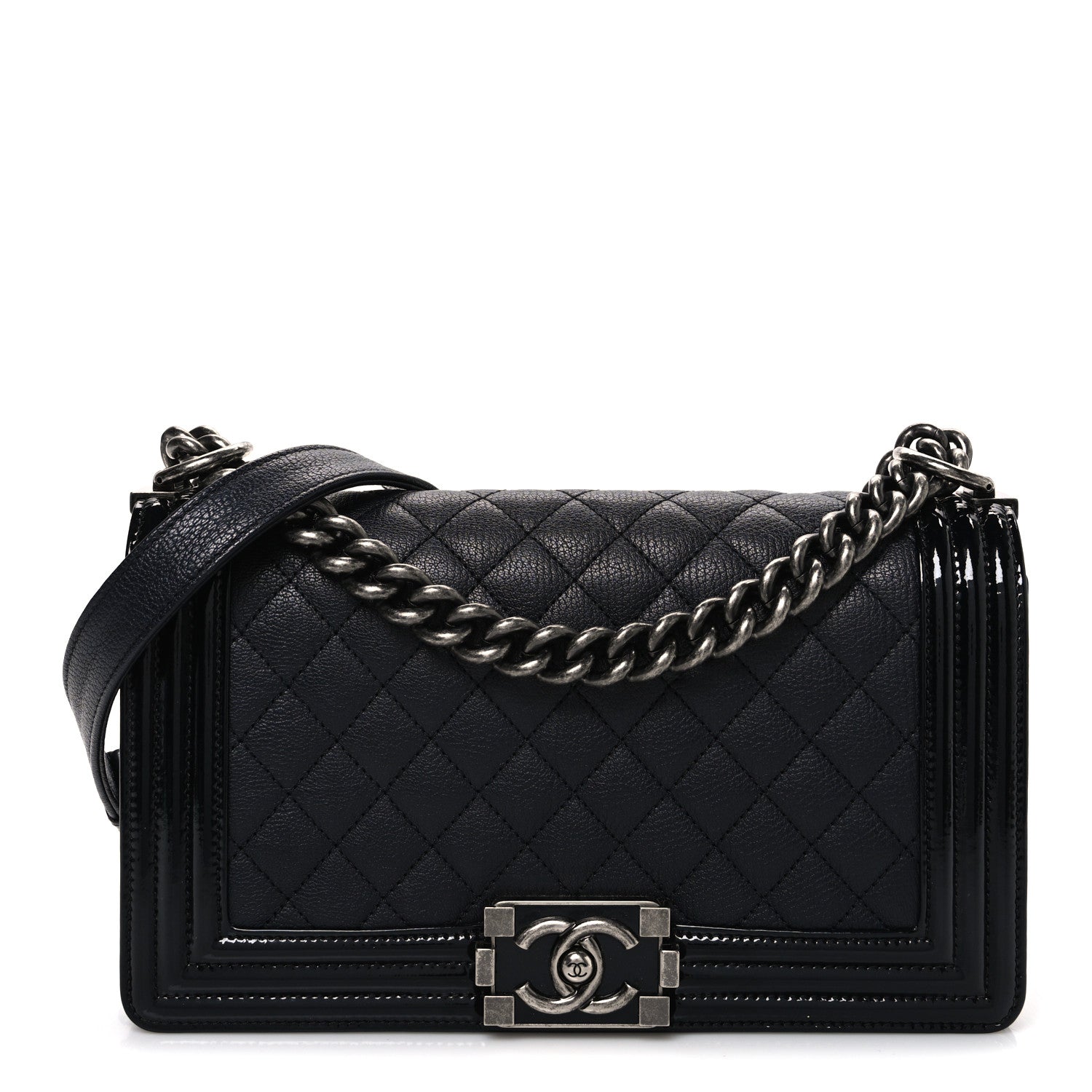 Chanel Goatskin Quilted Patent Medium Duo Boy Flap Black