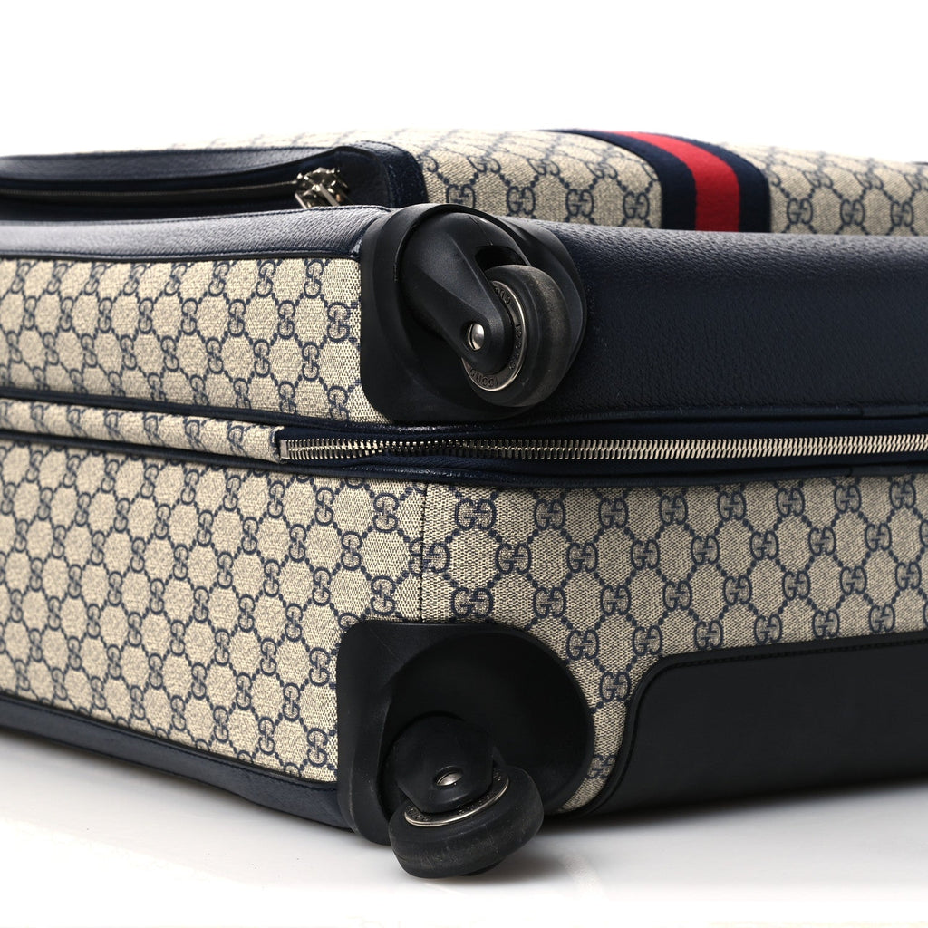 Gucci GG Supreme Monogram Textured Dollar Calfskin Web Large Savoy Trolley Suitcase Beige Blue