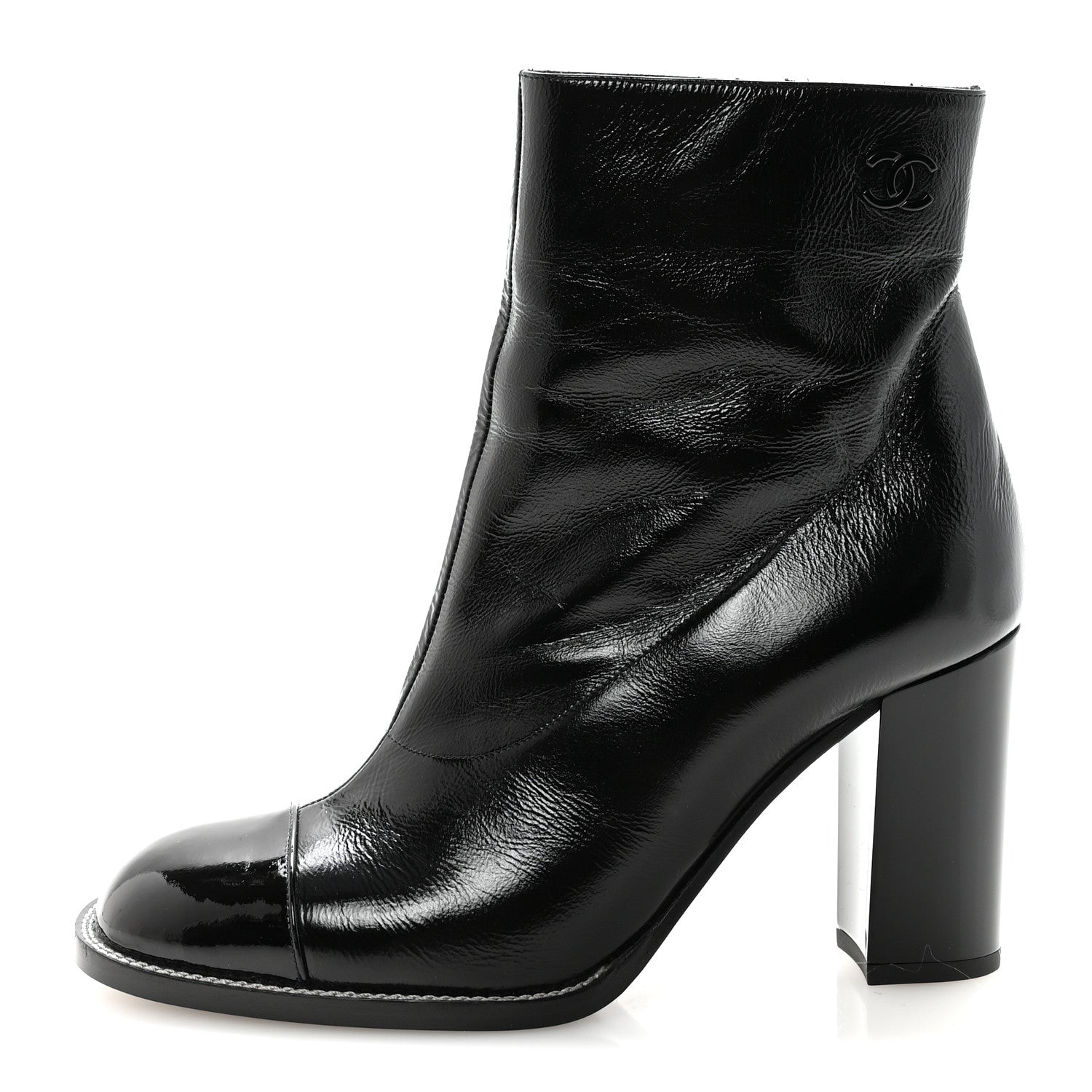 Chanel Shiny Calfskin Patent Cap Toe CC Short Boots 38.5 Black