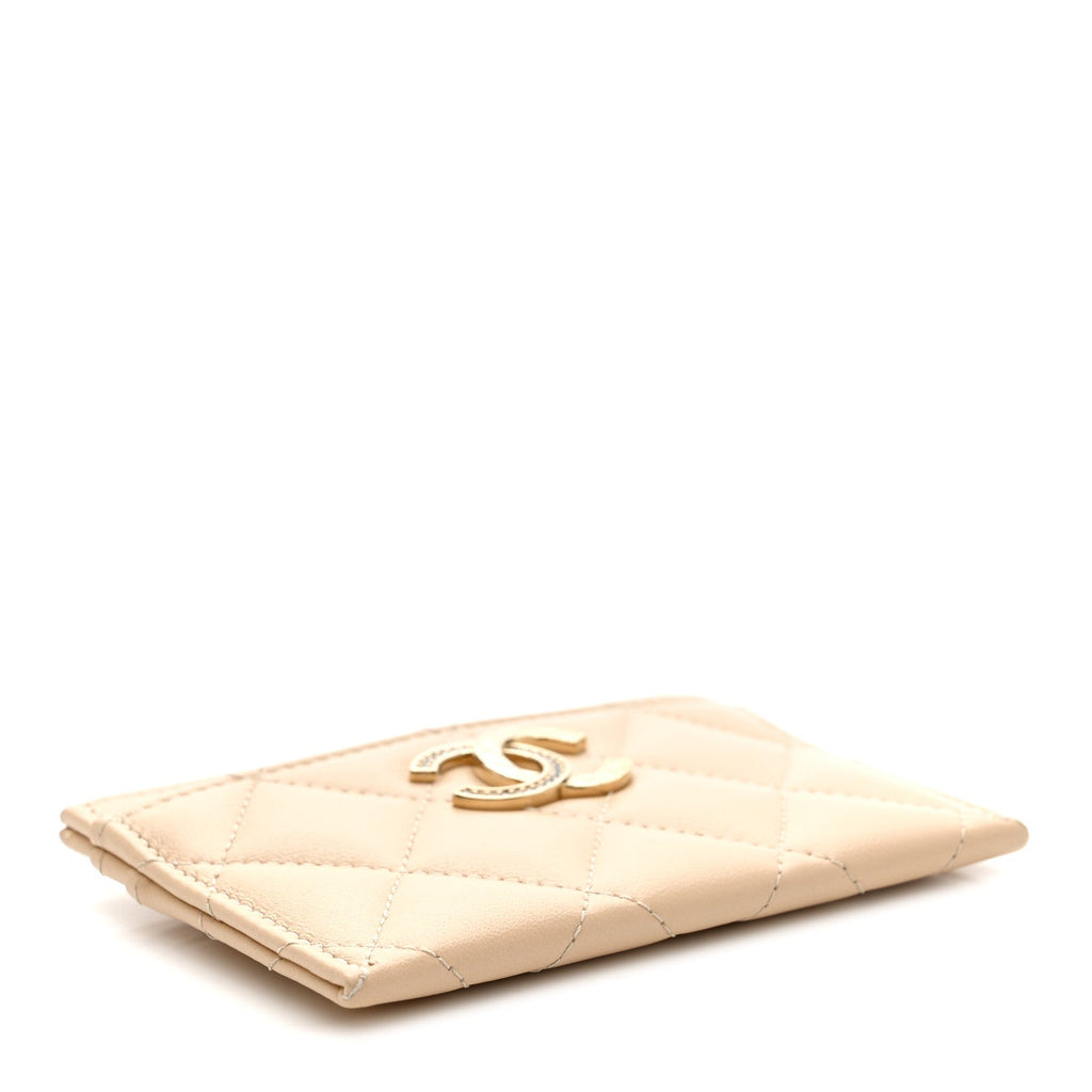 Lambskin Quilted Crystal CC Card Holder Beige